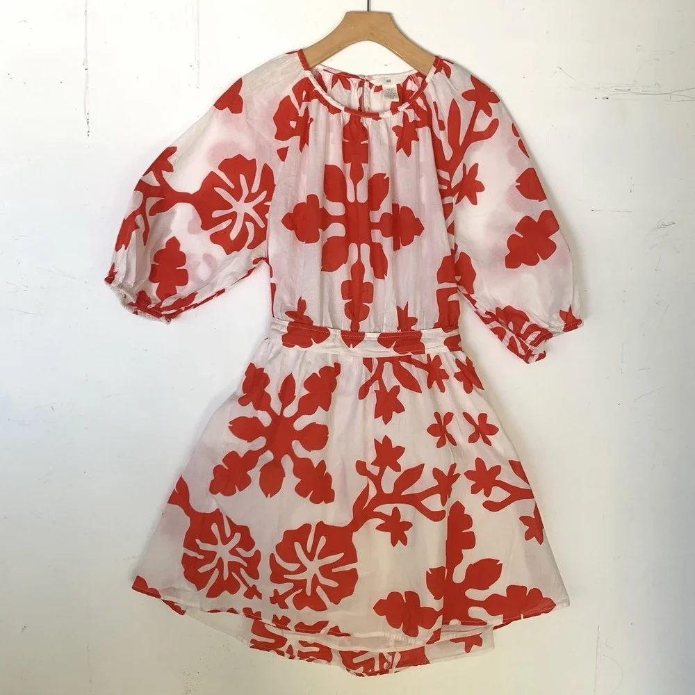H&M Floral Print Dress Red White Puff Sleeve Mini Dress Summer Size S - Picture 3 of 11